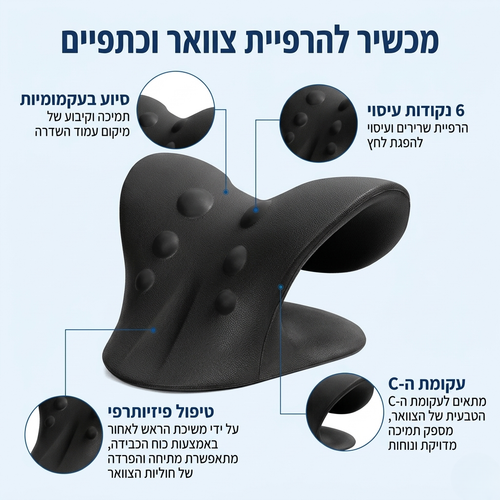 אינפוגרפיקה של מכשיר הרפיה לצוואר ולכתפיים בצבע שחור, המציגה את יתרונותיו: 6 נקודות עיסוי להפגת מתח, מבנה ארגונומי לתמיכה בעקומת ה-C הטבעית של הצוואר, טיפול פיזיותרפי למתיחה והפרדה של החוליות, וסיוע בעקמומיות לקיבוע עמוד השדרה.