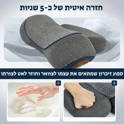 אינפוגרפיקה של כרית עיסוי וחימום לצוואר המדגימה את איכות ספוג הזיכרון (ספוג זיכרון). הכרית בעלת טכנולוגיית "חזרה איטית של כ-5 שניות" המאפשרת התאמה מדויקת למבנה הצוואר והראש, עם כפתורי בקרה מובנים לעיסוי וחימום.